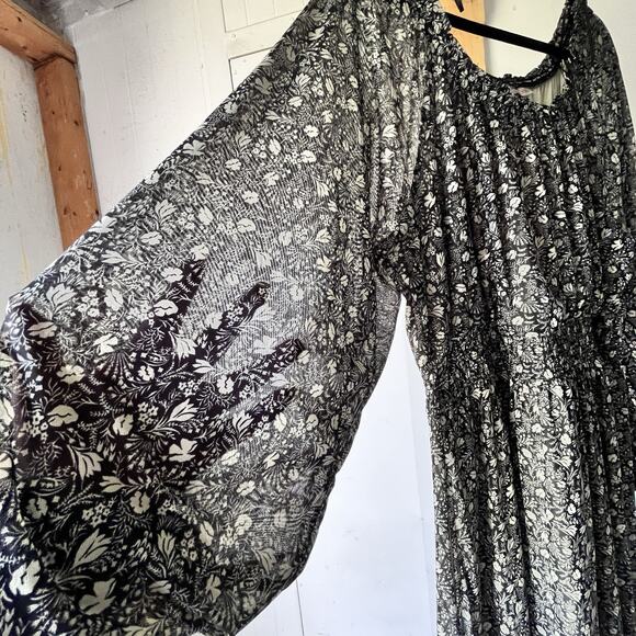 Maxi Dress SZ L Black Green Cottagecore Peasant Prairie Boho Long Sleeve Tiered - Picture 5 of 10